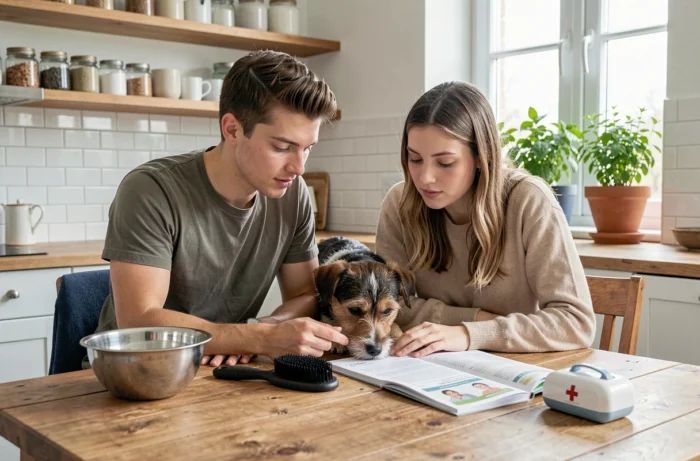 Couple lisant un guide d'adoption animale à une table de cuisine avec leur chien et des accessoires de soin, conseils pour bien accueillir un animal