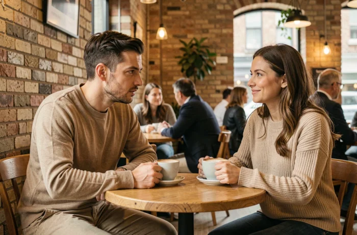 Paar in einem ehrlichen Gespräch in einem Café, der Mann drückt seine Gefühle einer aufmerksamen Frau aus