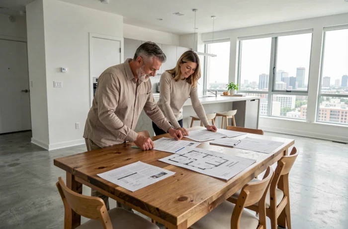 Couple étudiant des plans immobiliers et des documents d'investissement dans un appartement contemporain moderne