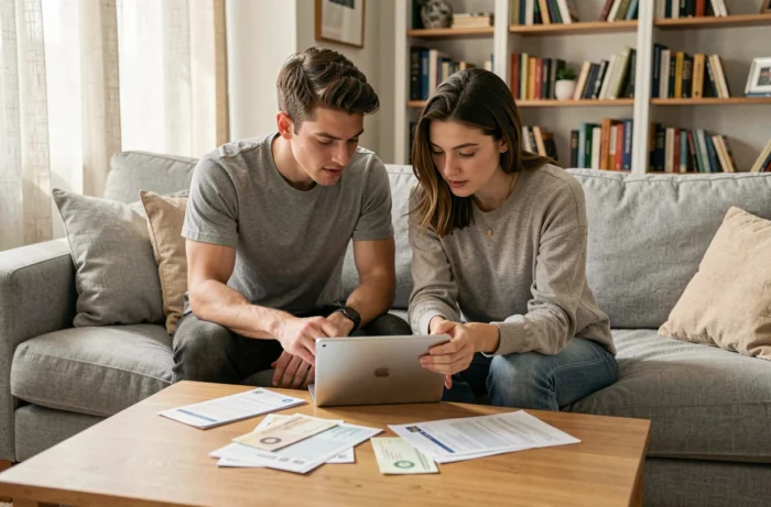Jeune couple analysant leurs finances et solutions de crédit ensemble dans leur salon