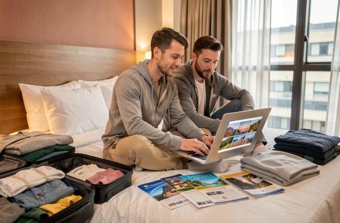 Couple planifiant leur voyage idéal sur un ordinateur portable dans une chambre d'hôtel boutique