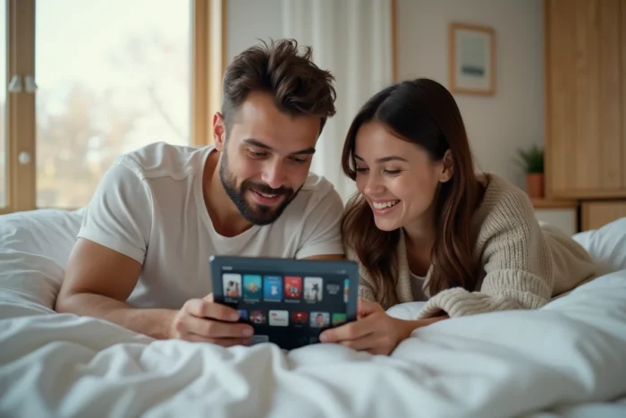 Couple regardant un catalogue de streaming sur tablette depuis leur chambre en 2026
