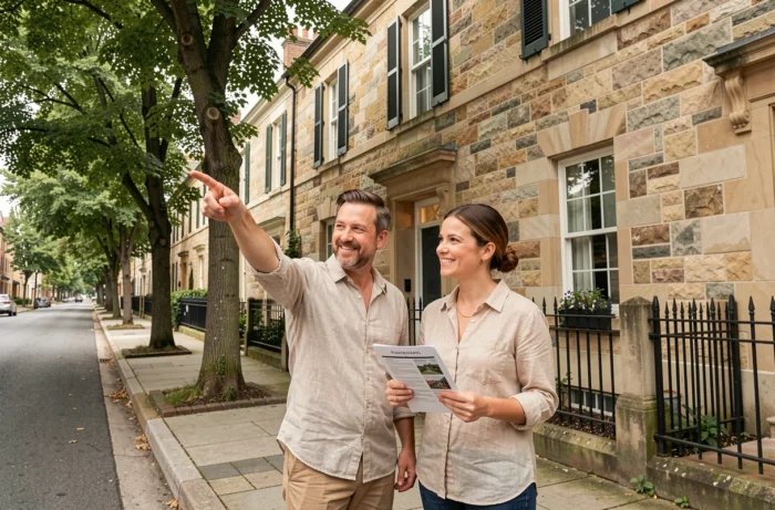 Un couple visitant une propriété résidentielle en pierre dans un quartier calme, envisageant un investissement immobilier locatif