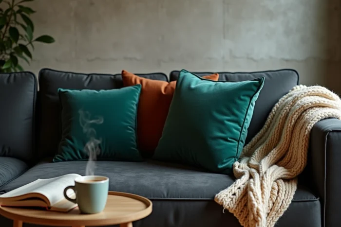 Coin de canapé gris anthracite avec coussins vert canard, terracotta et plaid crème en appartement cosy