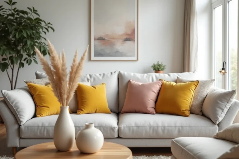 Canapé gris clair avec coussins jaune moutarde, rose poudré et ivoire dans un salon moderne épuré
