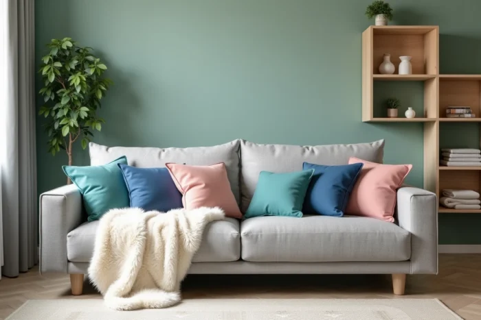 Canapé gris lin dans salon scandinave avec coussins rose blush, bleu cobalt et blanc cassé sur mur vert sauge