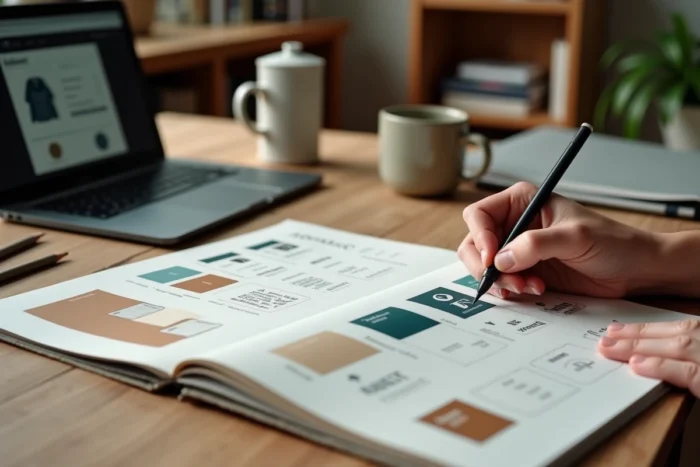 Mains d'un designer travaillant sur les nouvelles directives de marque Kolrag avec croquis de logo et palettes de couleurs dans un carnet de création
