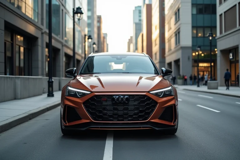 Cupra Formentor en finition cuivre métallique garé en ville sur un boulevard urbain moderne