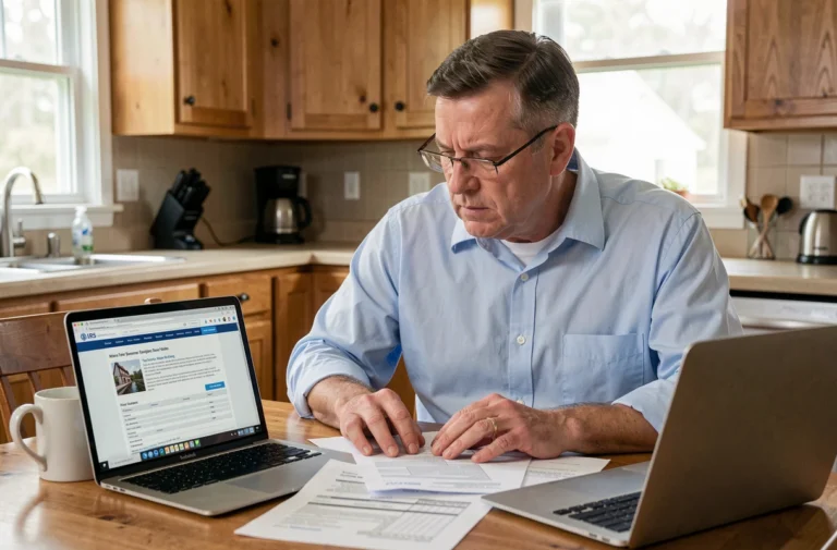 Un homme d'une quarantaine d'années examine attentivement des formulaires fiscaux IRS sur une table de cuisine américaine avec un ordinateur portable ouvert sur un site de déclaration d'impôts
