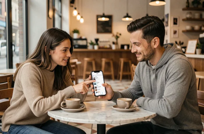 Deux nouveaux utilisateurs découvrant ensemble les fonctionnalités de Tarbob.com dans un café