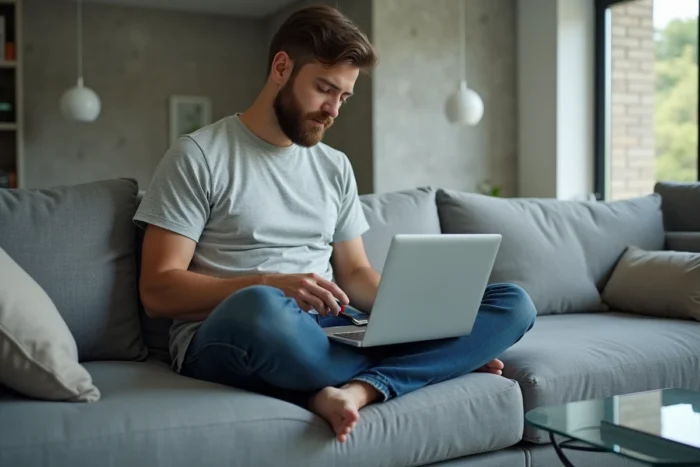 Homme connectant un disque dur externe à un ordinateur portable pour sauvegarder ses emails Orange