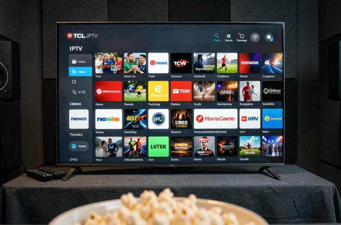 Écran de TV TCL affichant une interface d'application IPTV avec grille de chaînes légales dans une salle home cinéma