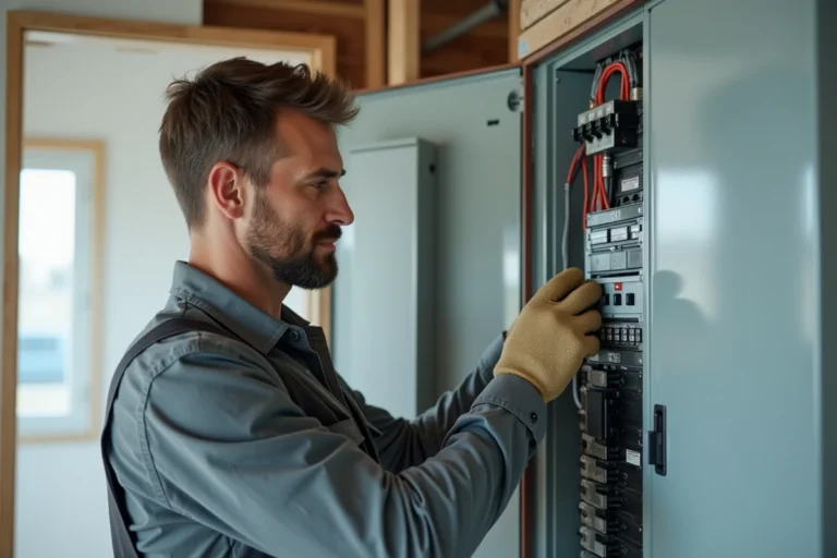 Électricien comparant un disjoncteur type A et type AC dans un tableau électrique résidentiel