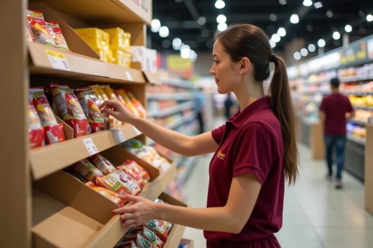 Employée de magasin ajustant une PLV carton près de l'entrée d'un supermarché moderne