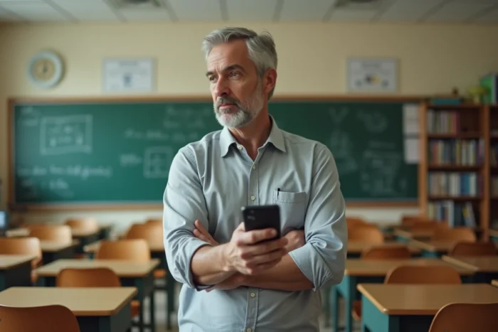 Enseignant pensif consultant le site Maficheclasse.com sur son smartphone dans une salle de classe vide