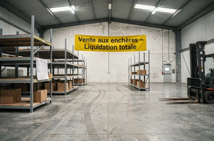Entrepôt commercial vide lors d'une vente aux enchères de liquidation totale en France