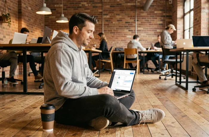 Jeune entrepreneur travaillant sur une alternative à Flazto dans un espace de co-working dynamique pour booster sa visibilité numérique