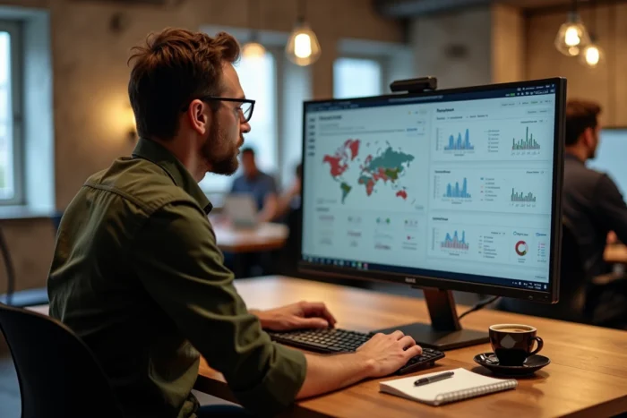 Entrepreneur analysant un tableau de bord marketing digital dans un espace de coworking moderne