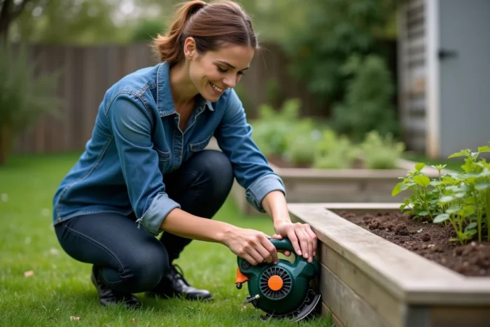 Femme entretenant la tête de coupe d'un taille-bordure électrique à côté d'un parterre de jardin en bois dans un arrière-cour résidentielle