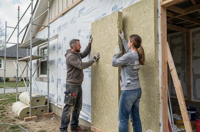 Ouvriers posant des panneaux d'isolation thermique sur l'enveloppe extérieure d'une maison en rénovation