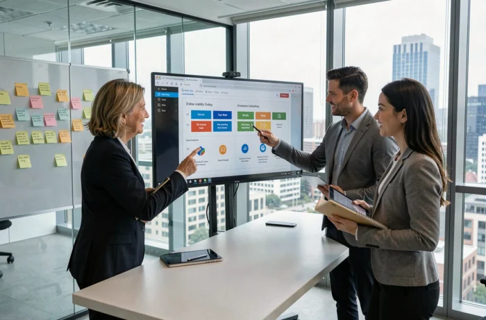 Équipe professionnelle comparant des alternatives à Flazto autour d'un écran dans une salle de réunion moderne pour optimiser leur présence en ligne