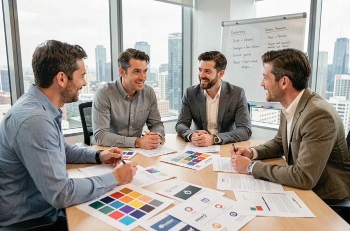 Équipe marketing réunie autour d'une table de réunion pour planifier une stratégie de changement de nom d'entreprise, avec documents et maquettes de logo