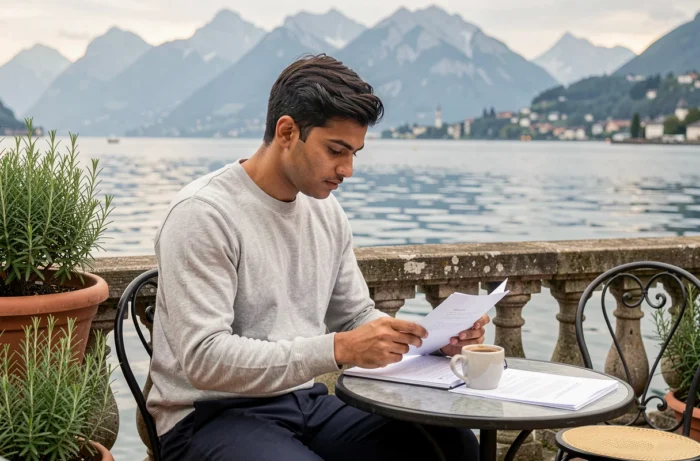Étudiant international révisant ses notes dans un café en terrasse avec vue sur le lac de Zurich