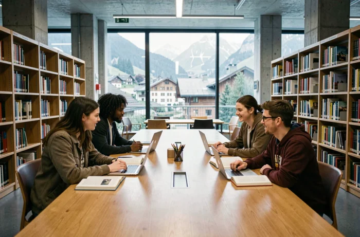 Groupe d'étudiants internationaux en discussion collaborative dans une bibliothèque universitaire suisse moderne