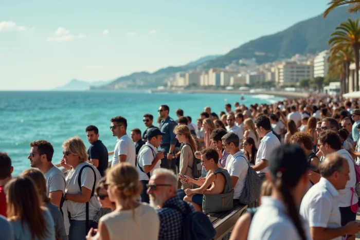 Habitants et touristes évacués rassemblés sur la promenade de Cannes lors d'une alerte à la bombe perturbant la ville