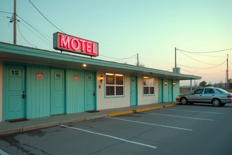 Façade extérieure d'un motel américain classique avec portes numérotées et enseigne néon vintage, parking privatif devant chaque chambre