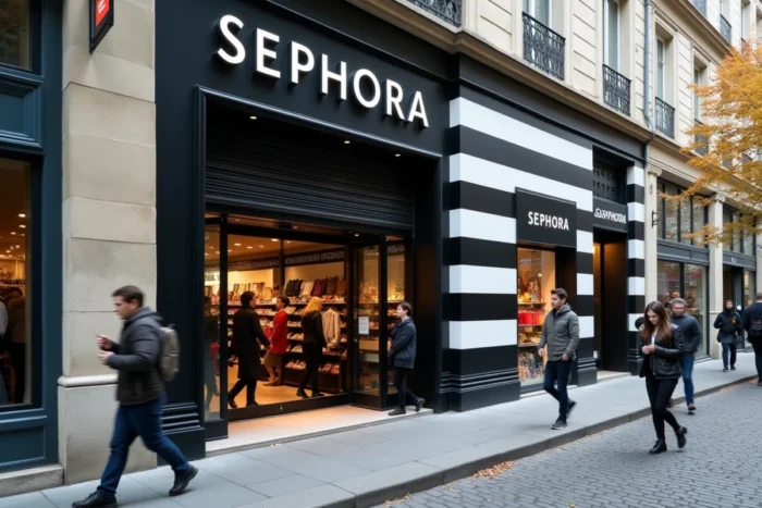 Façade d'un magasin Sephora en centre-ville français avec passants sur trottoir en automne
