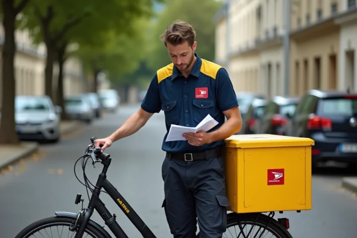 Nouveau facteur La Poste en tenue réglementaire consultant la fiche vestimentaire habillement 2026 en extérieur