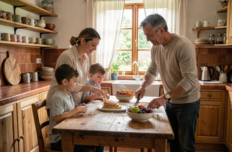 Famille réunie autour d'une table en bois pour préparer des crêpes ensemble dans une cuisine chaleureuse et authentique