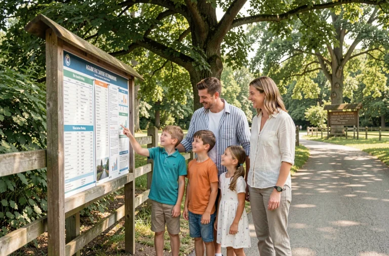 Famille lisant les tarifs à l'entrée de la base de loisirs Le Quesnoy par une journée ensoleillée