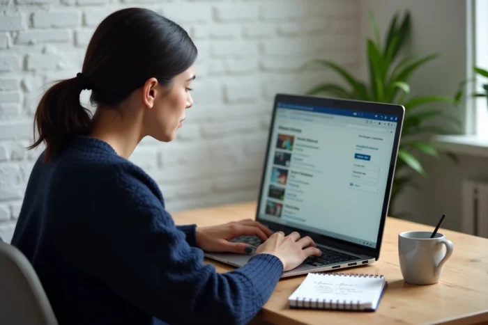 Femme recherchant des alternatives à un site de streaming sur son ordinateur portable dans un bureau à domicile