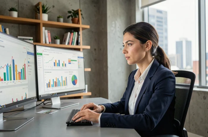 Femme professionnelle analysant des tableaux de bord SEO sur deux écrans dans un bureau moderne pour améliorer la visibilité en ligne