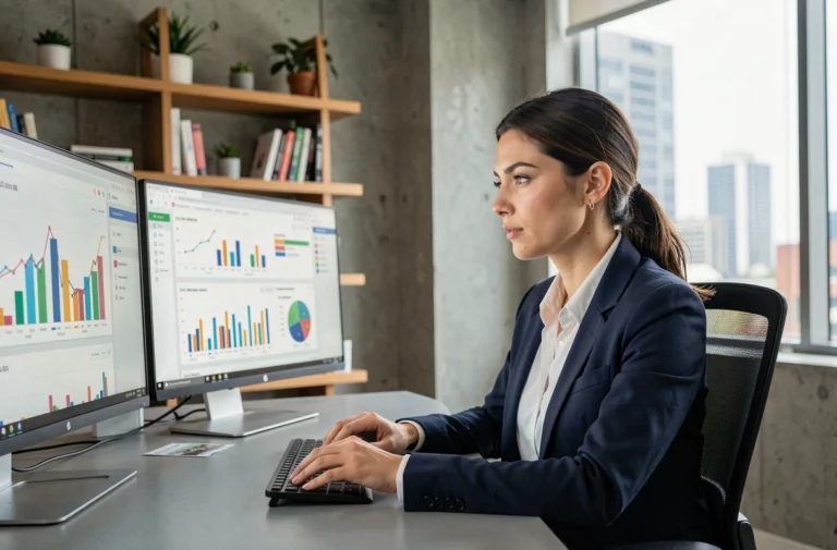 Femme professionnelle analysant des tableaux de bord SEO sur deux écrans dans un bureau moderne pour améliorer la visibilité en ligne