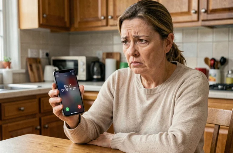 Femme inquiète tenant un smartphone affichant un appel entrant d'un numéro inconnu 06 11 06 00 20, assise dans une cuisine