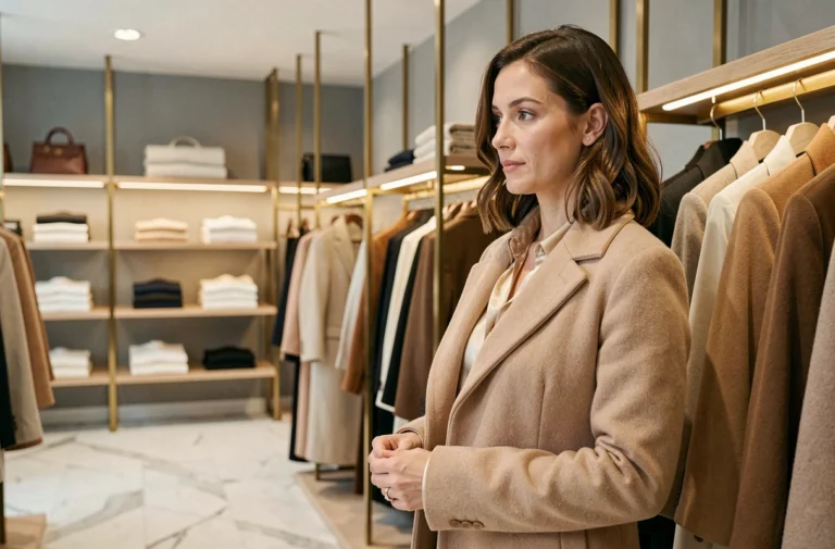 Femme française de 35 ans en manteau beige Sandro dans une boutique parisienne premium au décor marbre et laiton