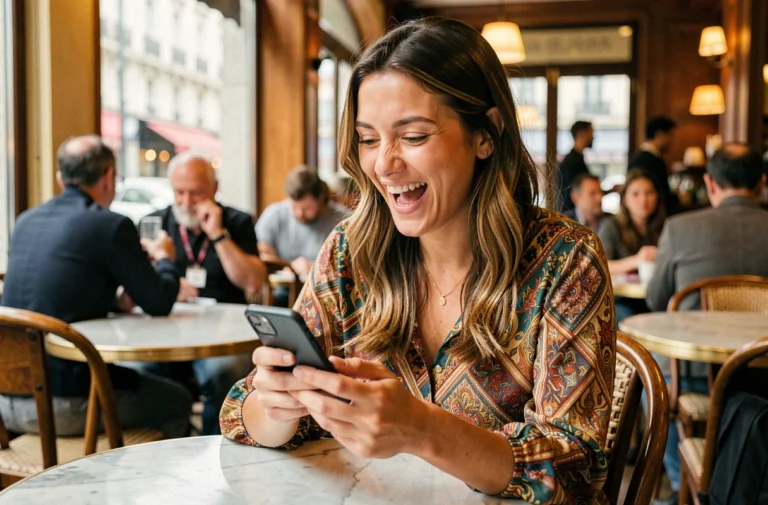 Femme souriante dans un café parisien regardant des actualités insolites sur son smartphone
