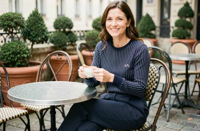 Femme élégante en marinière A.P.C. à une terrasse de café parisien avec pavés et mobilier en fer forgé