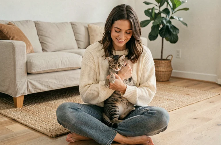Femme tenant tendrement un chaton tigré contre elle dans un salon cosy, illustrant l'adoption d'un animal de compagnie