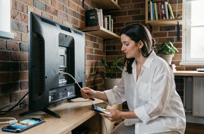 Femme configurant une connexion réseau sur une TV TCL pour installer un service IPTV légal à domicile