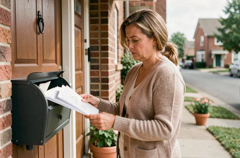 Femme triant du courrier au nom d'un inconnu devant sa boîte aux lettres