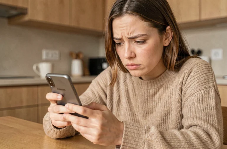 Jeune femme en pull beige tenant un smartphone Samsung et cherchant comment le débloquer à la table de cuisine