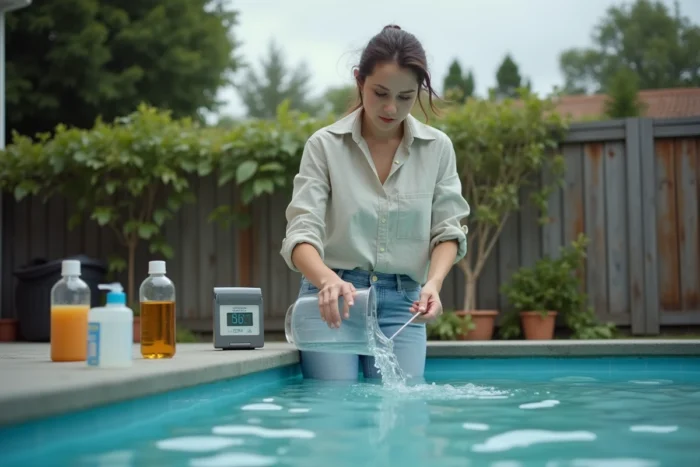 Femme effectuant une dilution de l'eau d'une piscine trouble suite à un excès de clarifiant