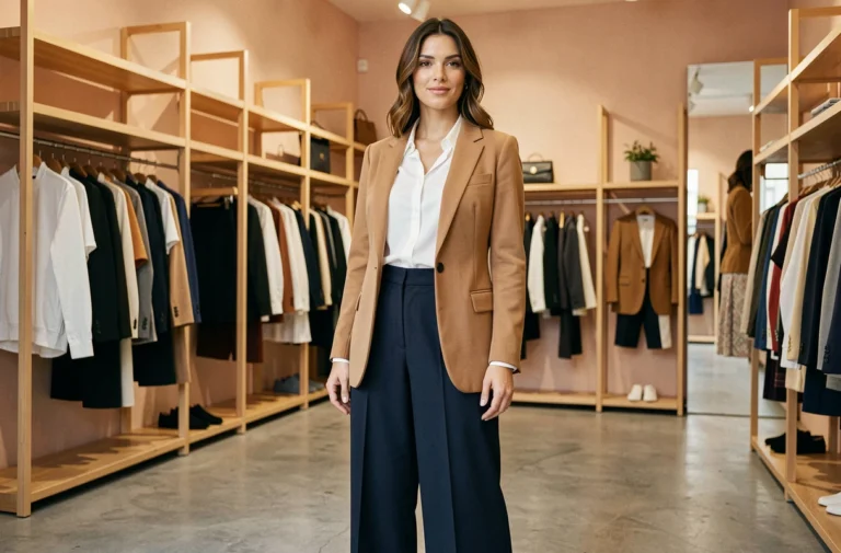 Femme élégante portant un blazer camel et un pantalon large marine dans une boutique de mode parisienne moderne
