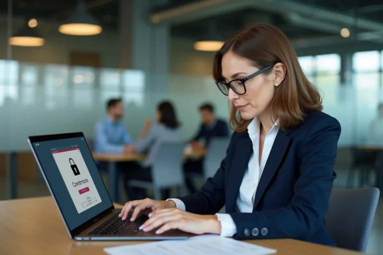 Femme professionnelle consultant un espace client sécurisé sur son ordinateur portable au bureau pour protéger ses contrats numériques
