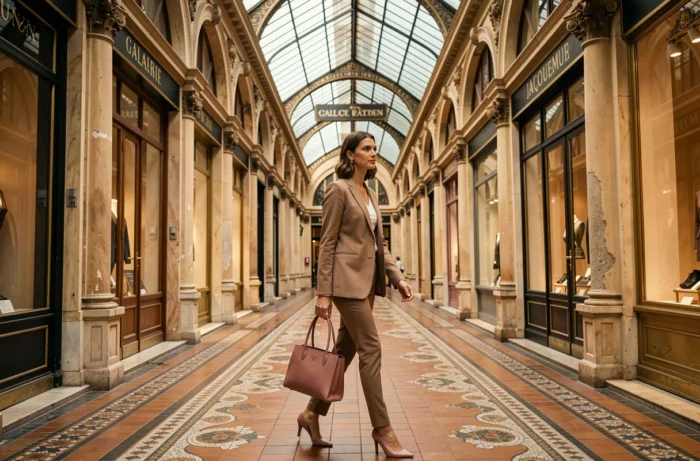 Femme professionnelle avec sac Jacquemus rose poudré marchant dans la Galerie Vivienne à Paris en blazer Isabel Marant