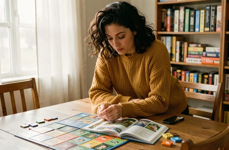 Femme lisant un guide de jeu de société sur une table en bois entourée de plateaux et de tuiles colorées